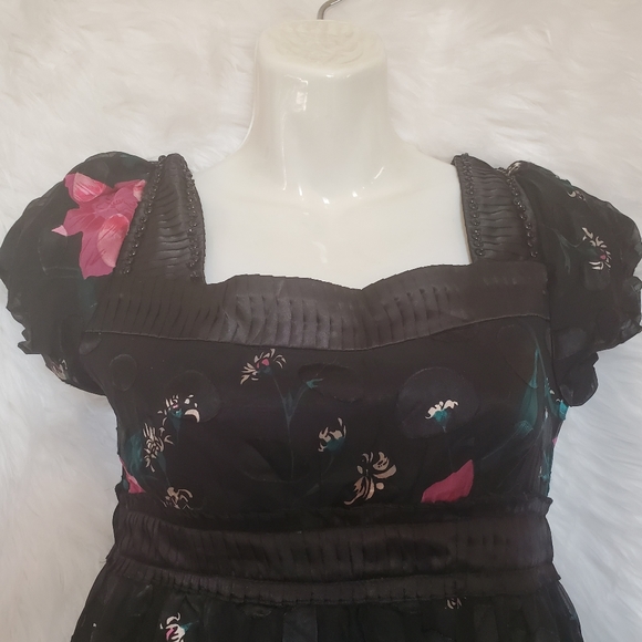 BCBG Maxazria Black Floral Puff-Sleeve Babydoll Dress - Size XS, 2 - Picture 2 of 6